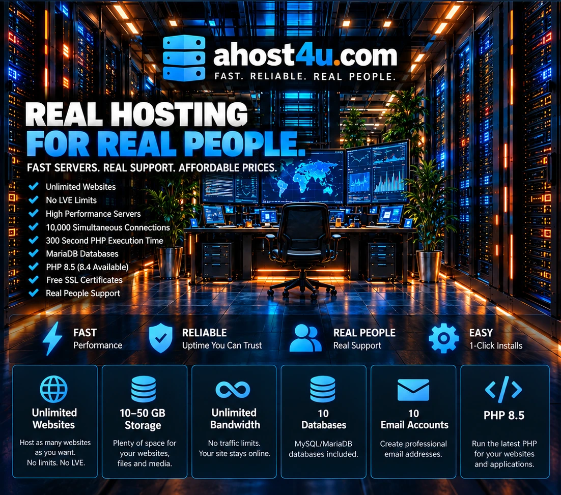 A Host 4 U hosting promotional artwork with glowing server racks, performance features, and real support messaging